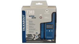 2 blue t383 walkie talkies in packaging